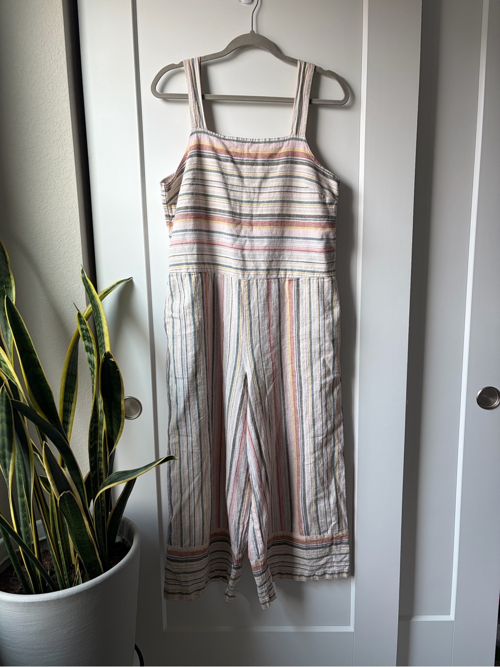 Cream Striped Jumpsuit with Pastel Pink, Yellow, Blue Stripes